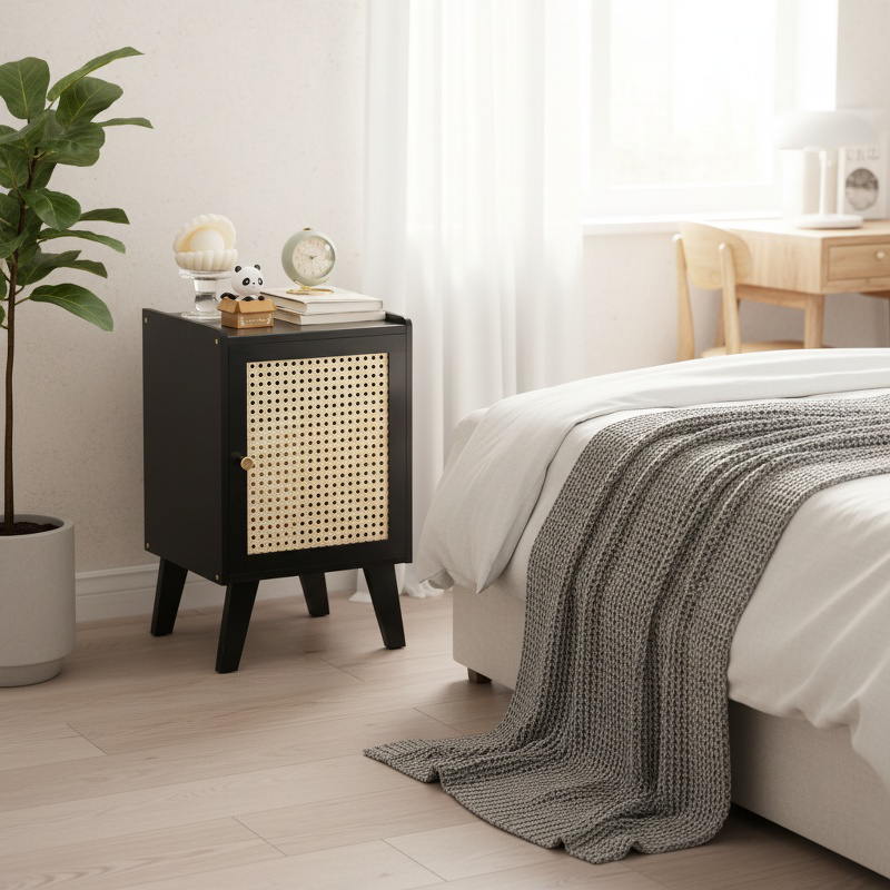 Small storage cabinet beside bed with books
