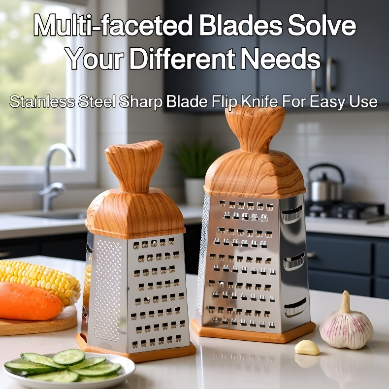 Imitation Wood Handle Multi-Sided Grater Tool, Multi-Functional Kitchen Vegetable Slicer