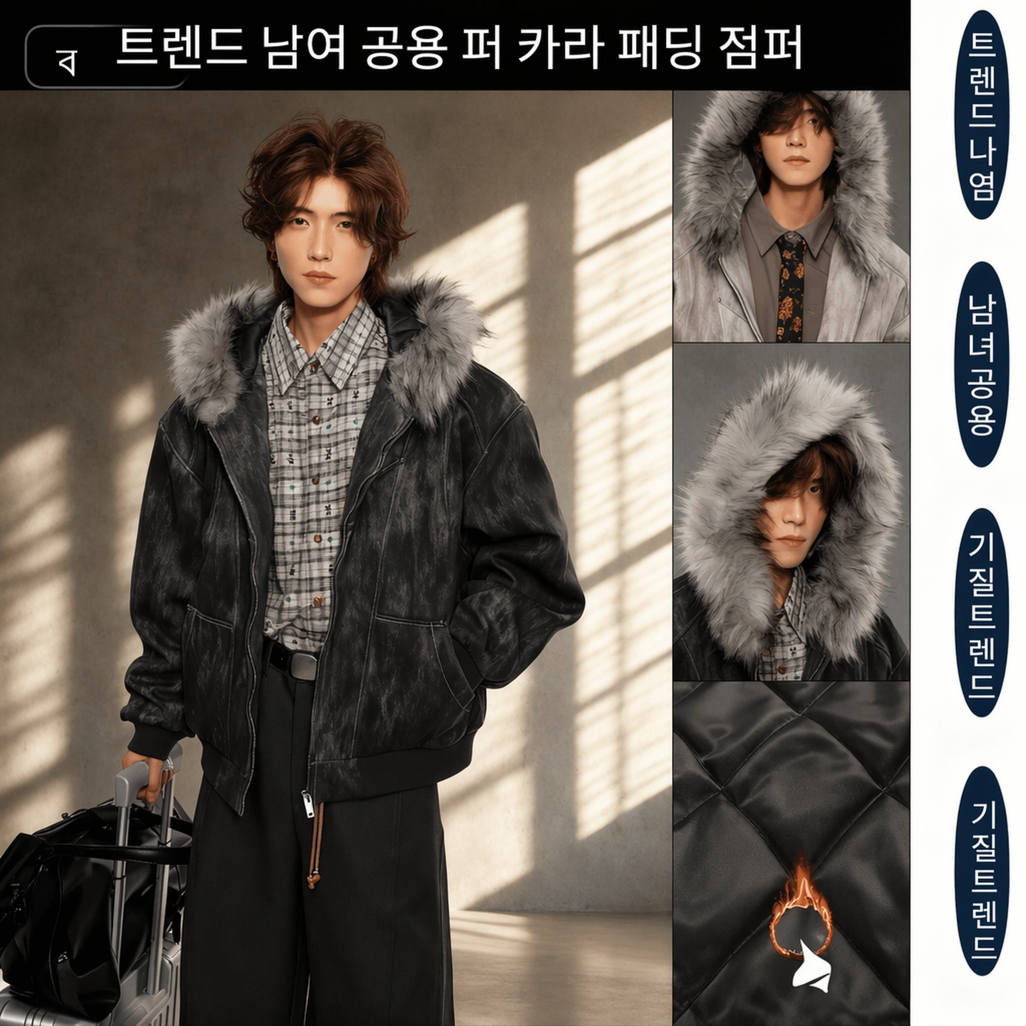 트렌디 일본풍 퍼카라 패딩 자켓 정면 착용샷