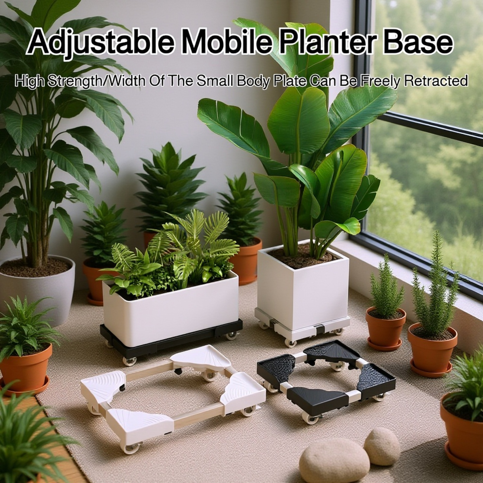 Square Plant Stand, Pot Holder Plate, Movable Plant Pot Stand with Casters, Adjustable Size, 360° Mo