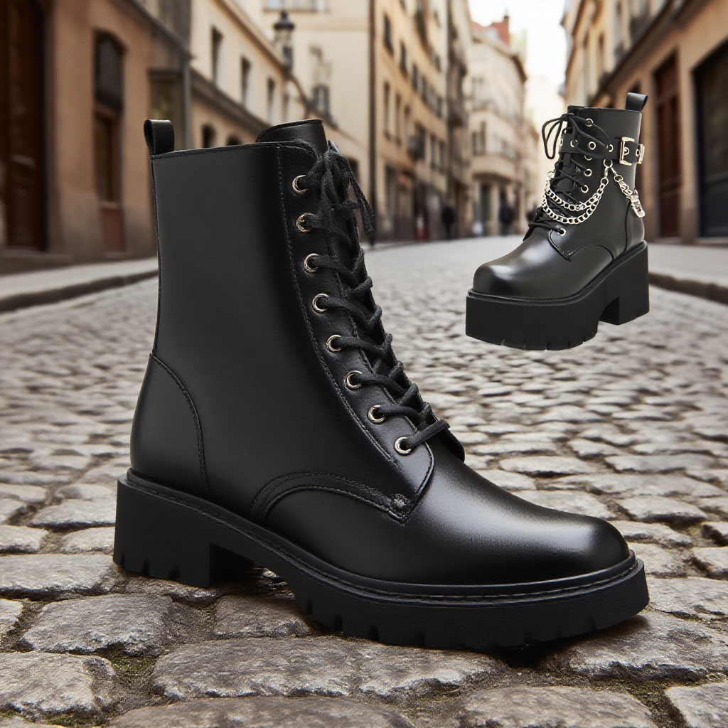 ブラックショートブーツ 太めヒール厚底 サイドジッパー 大きいサイズ レディース