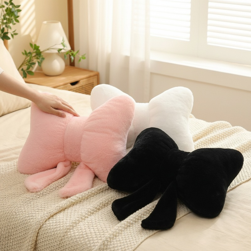 Minimalist Nordic Rabbit Fur Sofa Cushion, Solid Color, Bow and Rib Design, Soft and Comfortable