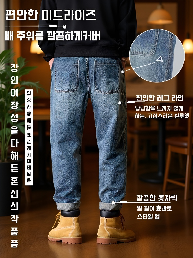 모델 착용 워시드 블루 루즈핏 청바지