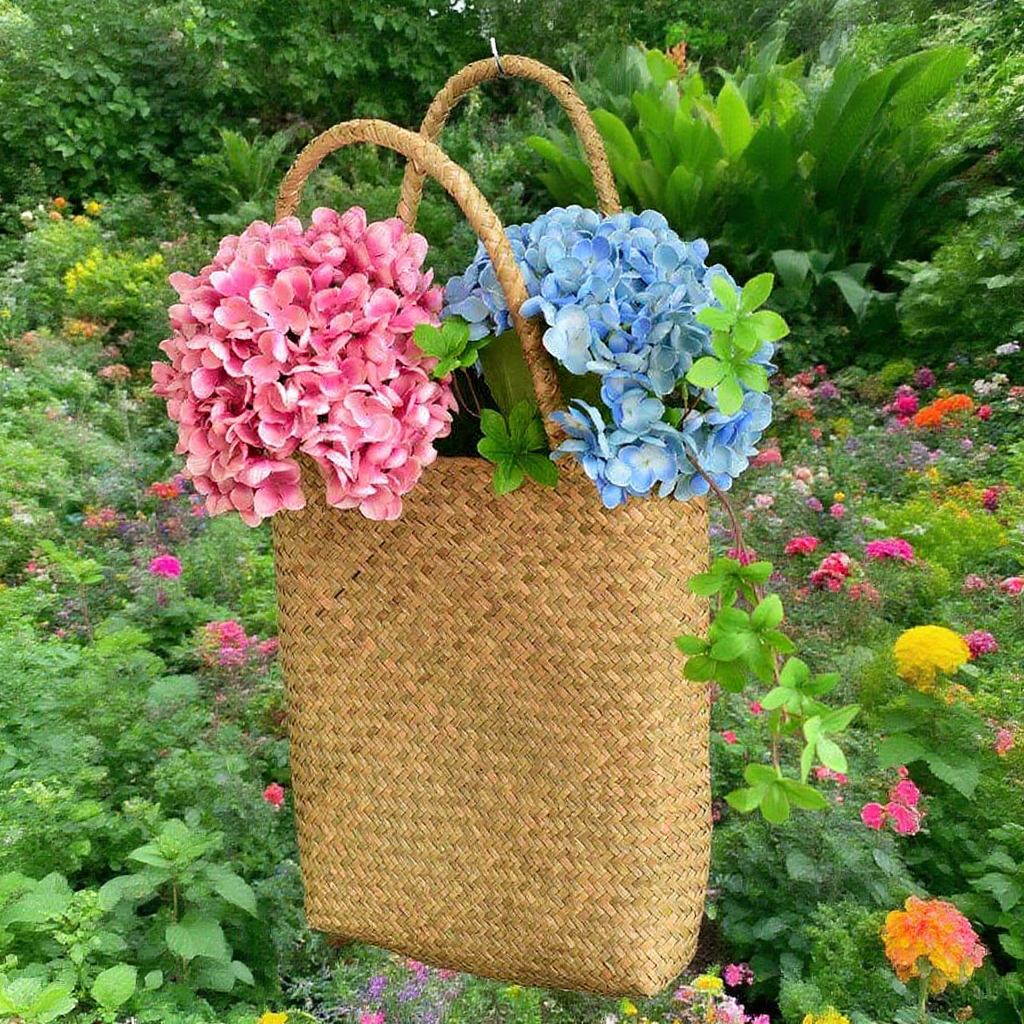  Čeřená ručně pletená taška z mořské trávy na květiny