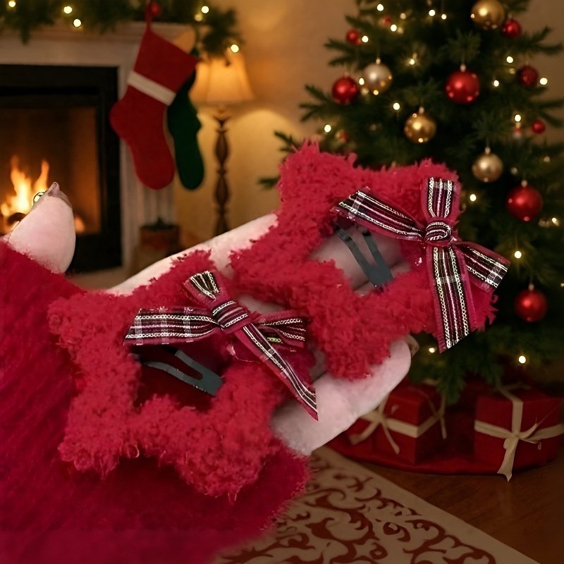 리본 앞머리가 달린 크리스마스 레드 플러시 별 헤어 클립