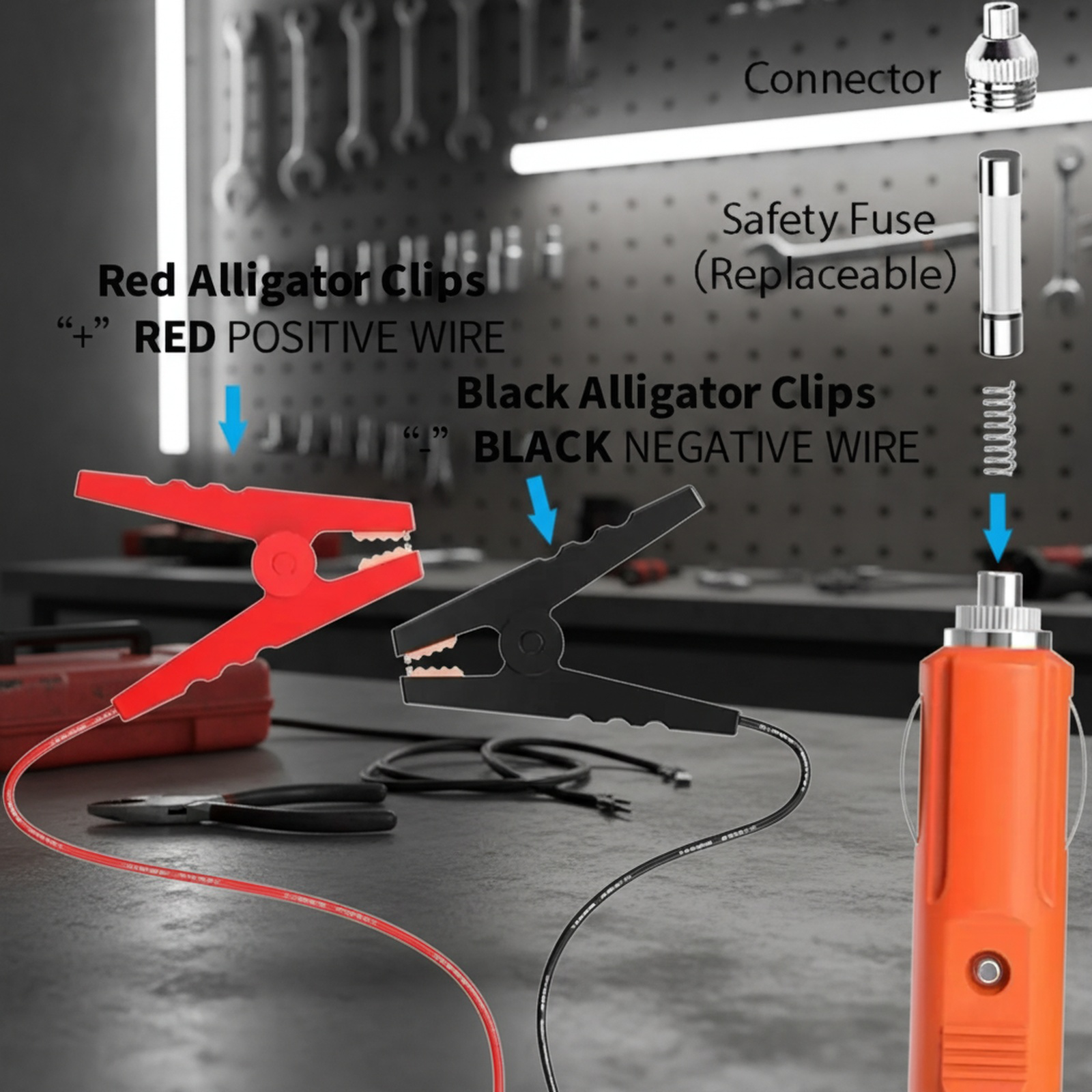 12V car battery cable connected to battery