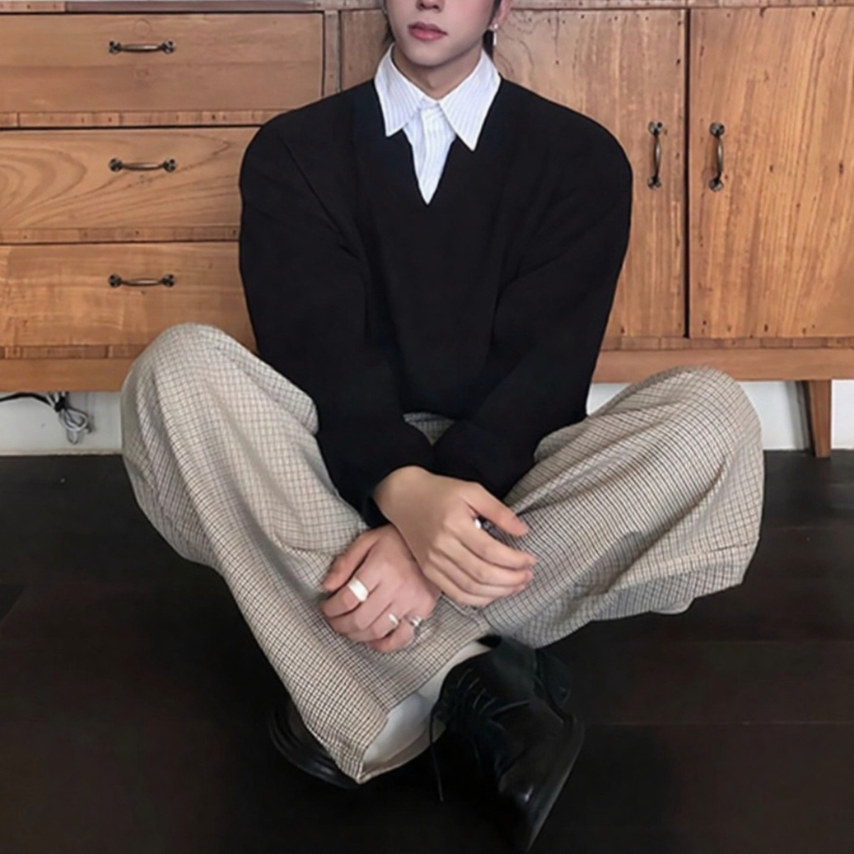 黑色假两件衬衫领卫衣男秋冬cleanfit高级感学院风长袖polo衫上衣