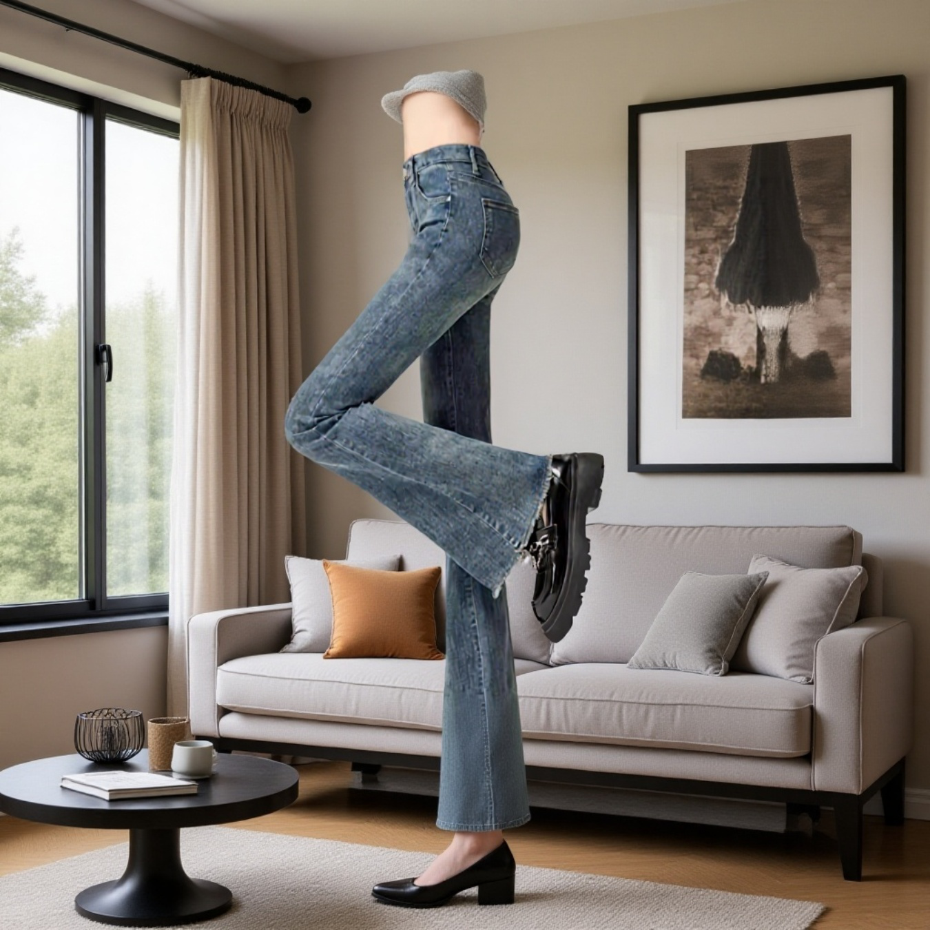 여성 하이웨스트 조거 스판 슬림핏 데님 팬츠 봄 퍼플레어 데님 팬츠