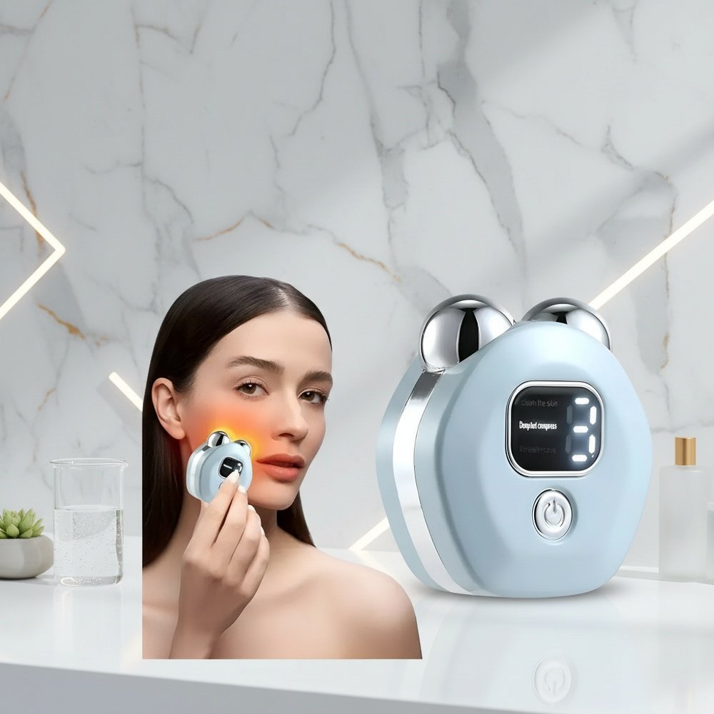Portable Heated Vibration Beauty Device, Rechargeable EMS Microcurrent Dual Roller Massager