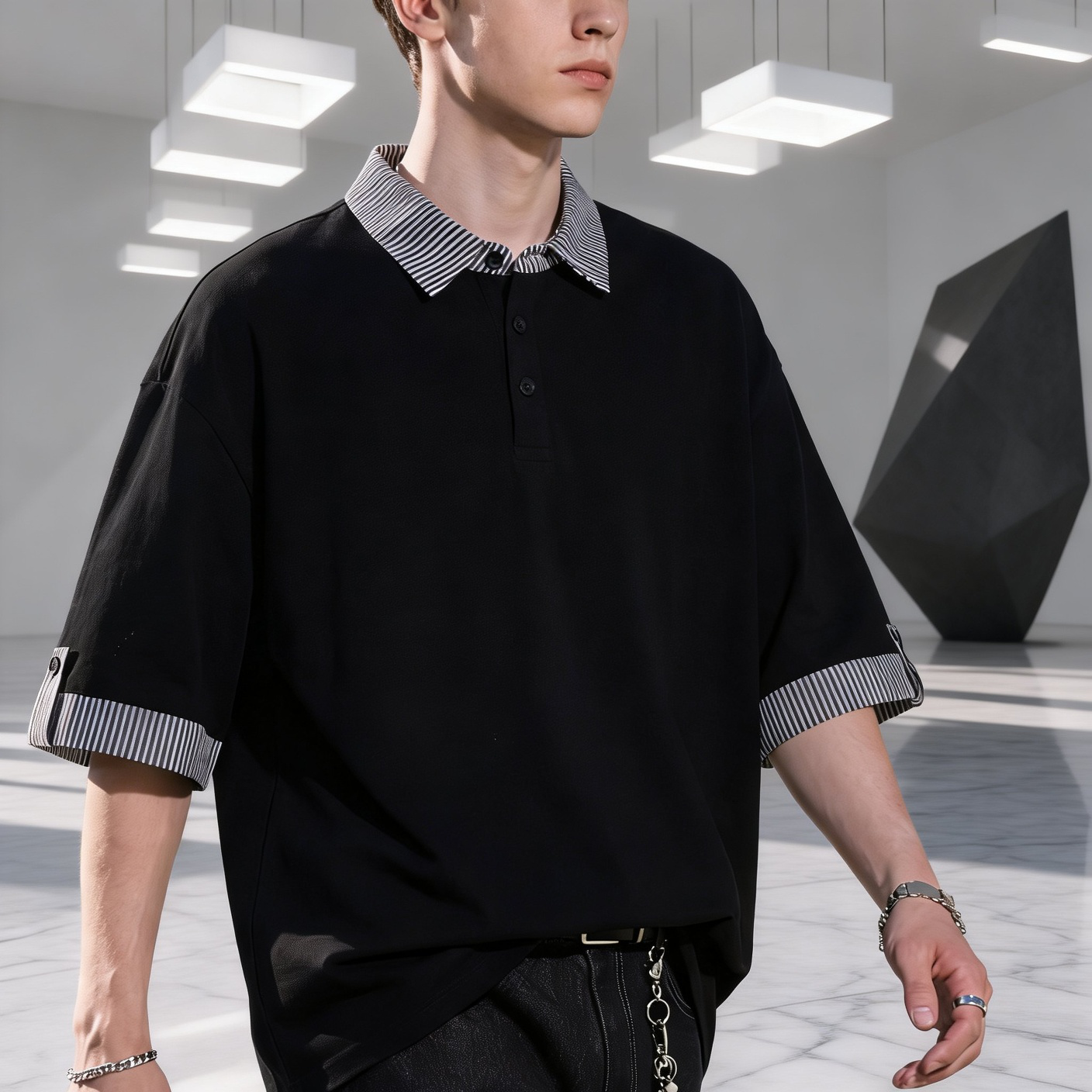 한류 커플룩 오버핏 반팔티, 레이어드 스트라이프 폴로셔츠