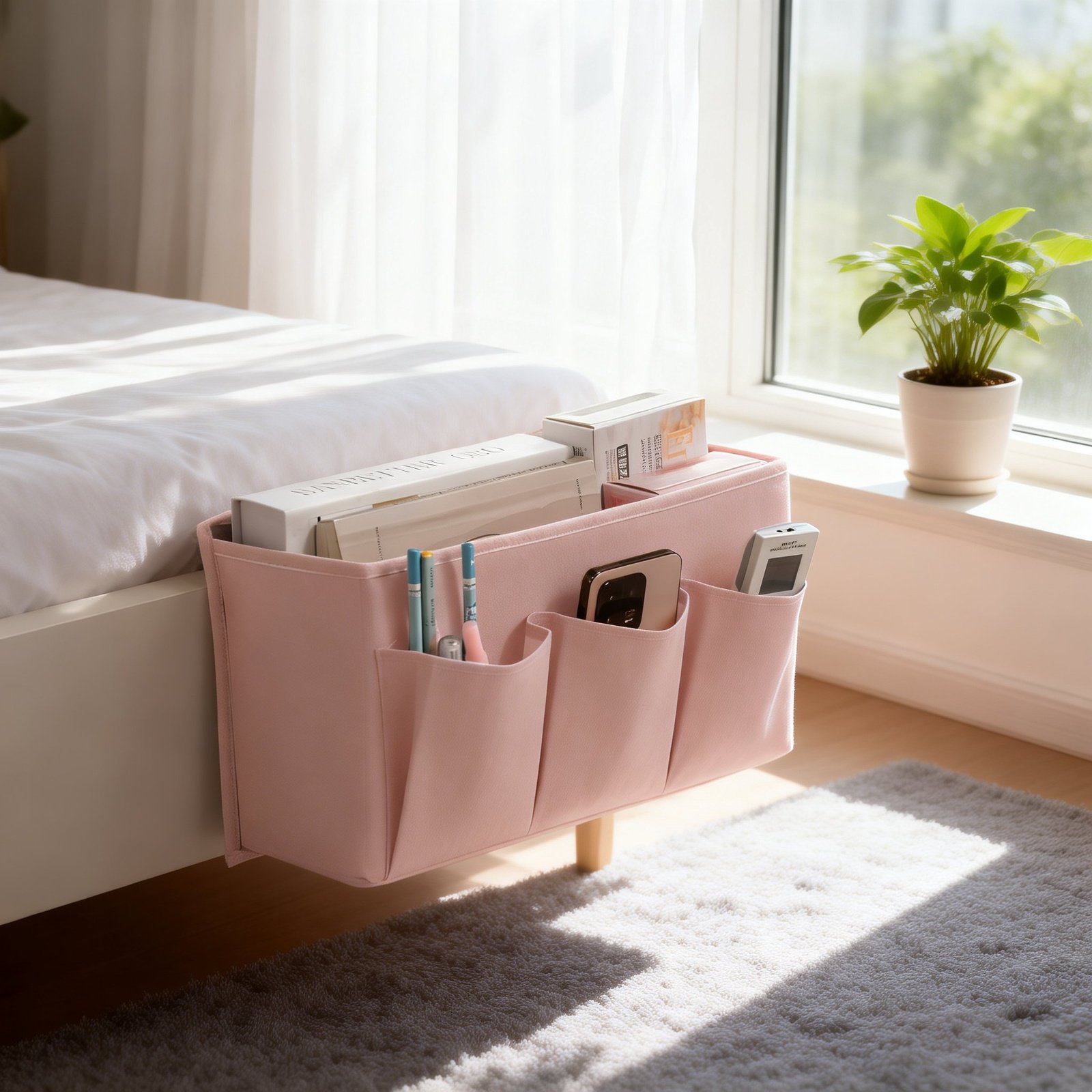 Space-saving bedside organizer for small bedrooms