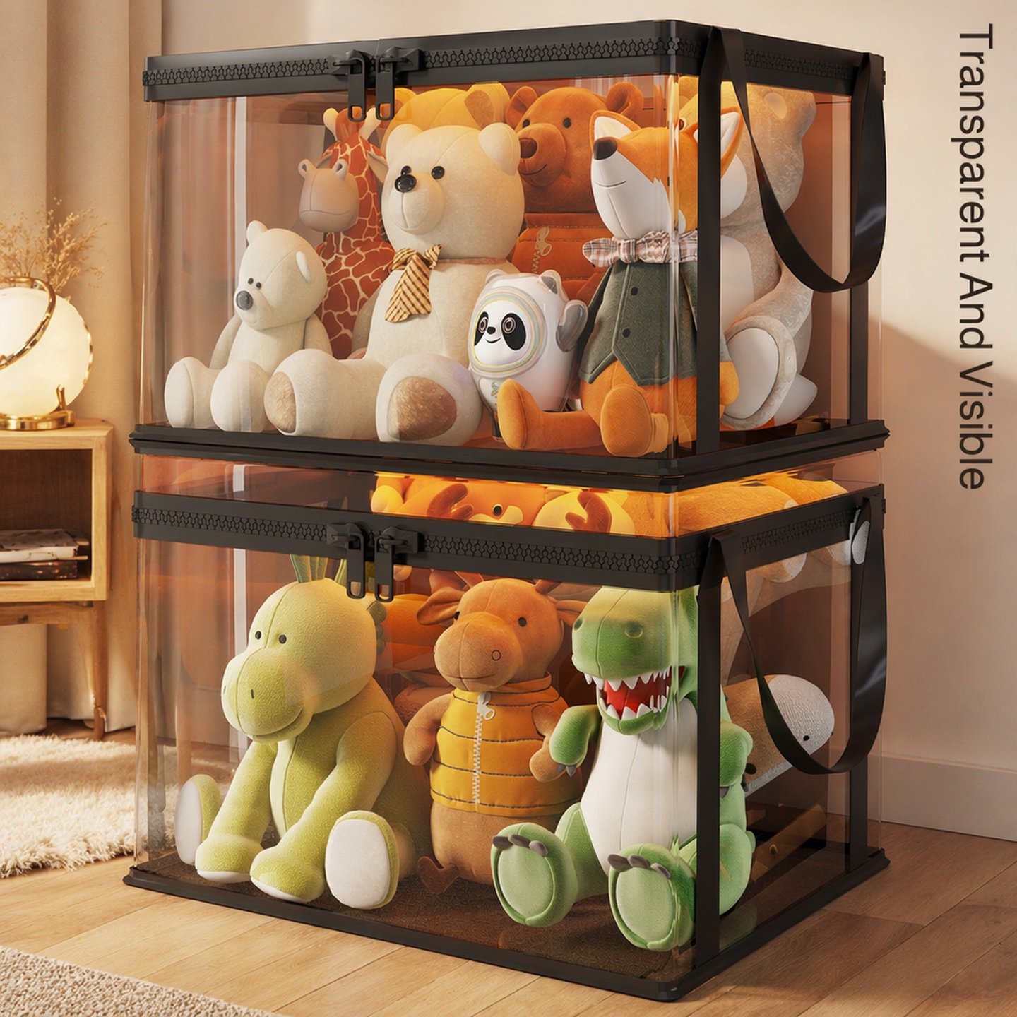 Household transparent toy storage box with lid, plush toy basket, building block and snack organizer