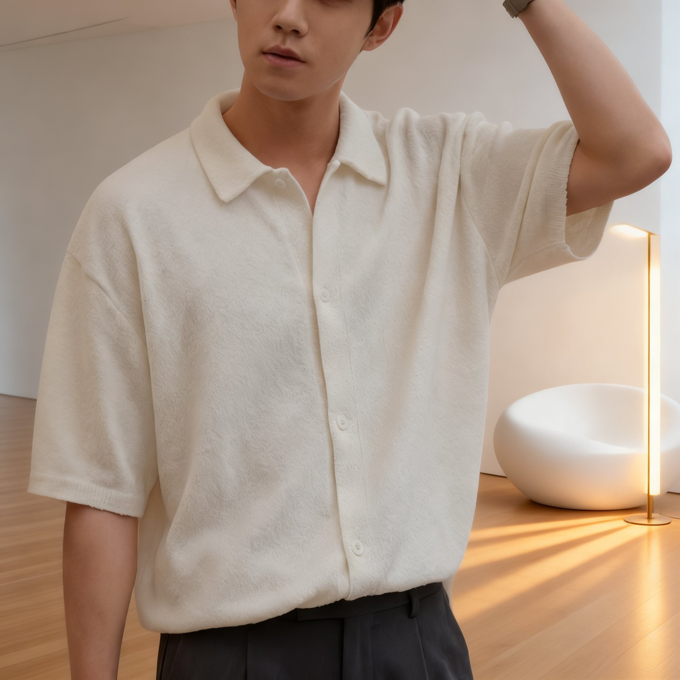 メンズゆったり無地パイルオープンカラー半袖シャツ 春夏バカンス風