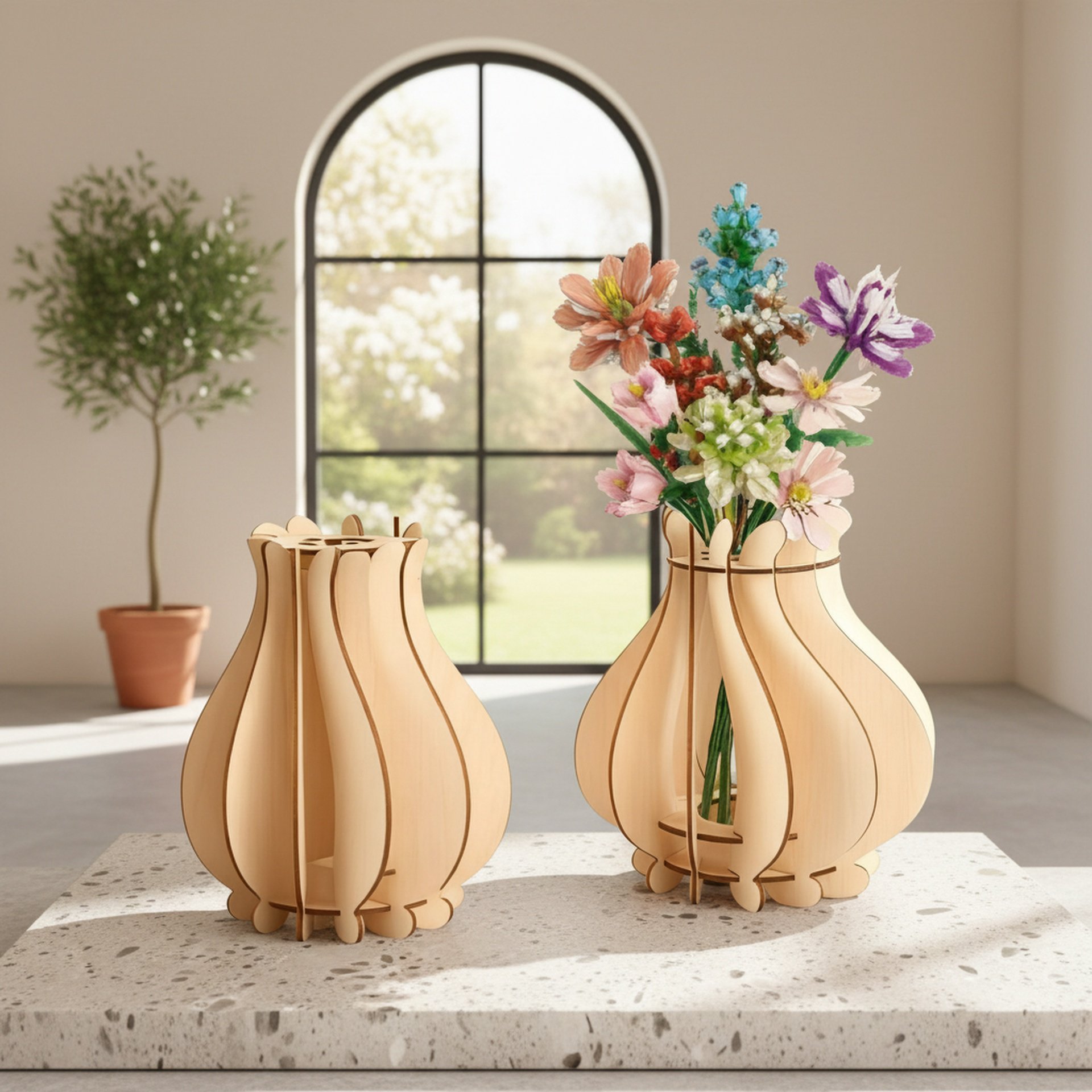 Wooden Puzzle Vase Stand Decoration on a modern table