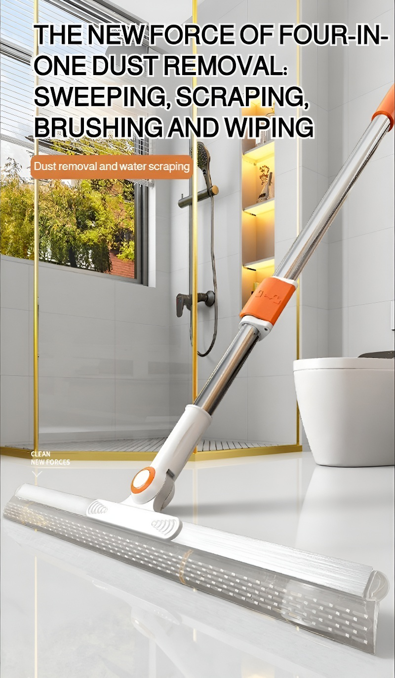 Broom scraping water from tile floor