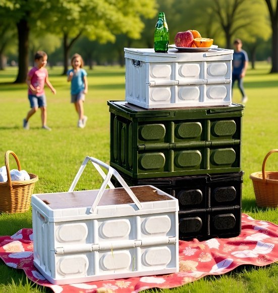 Collapsible plastic basket with wooden tabletop for easy storage