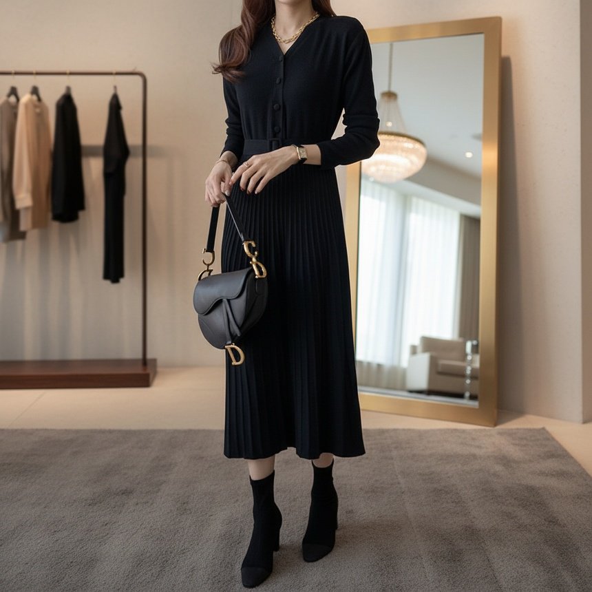 スリムVネックロングドレス、上品なフレアスカート