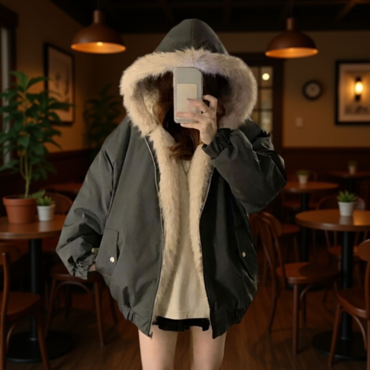 여성 아메리칸 스트리트 패딩 쇼트 양면 도톰한 코트 퍼 후드 패딩 겨울 기모 코트