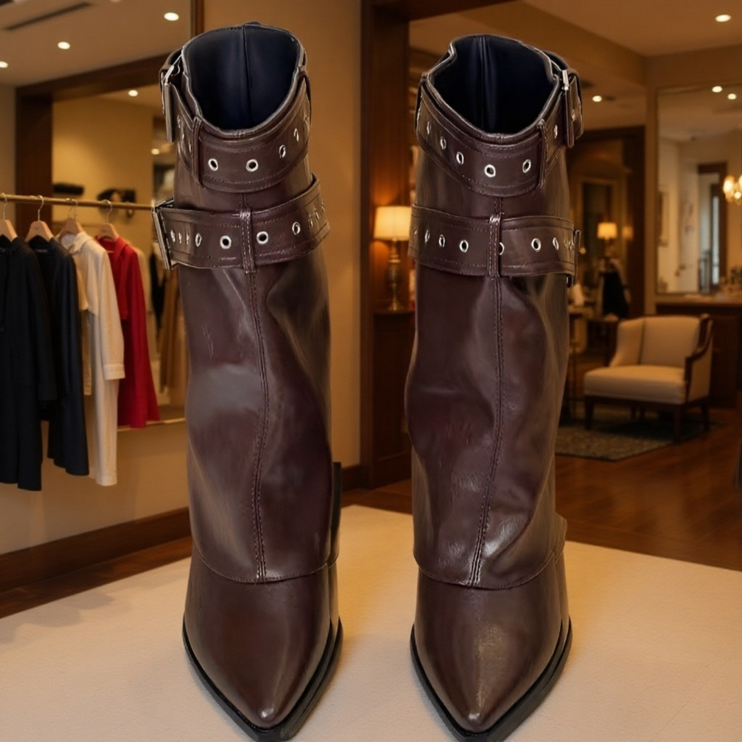 통굽 디자인의 여성 부츠 측면