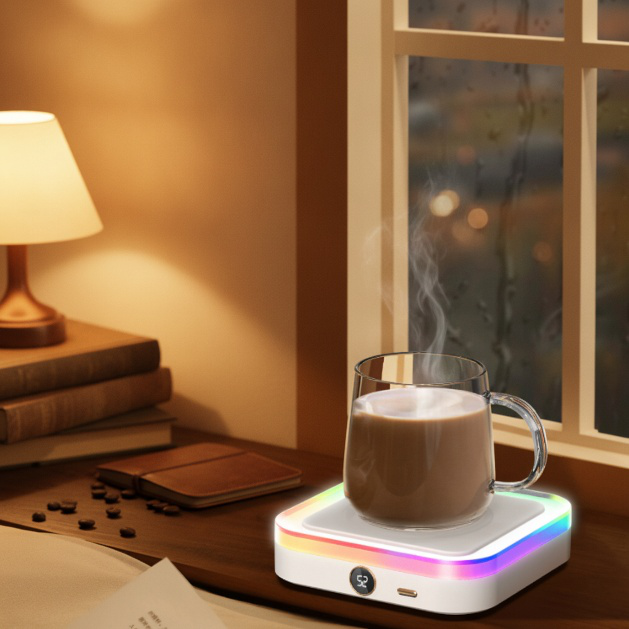 Base calefactora multifuncional para bebidas en uso sobre escritorio
