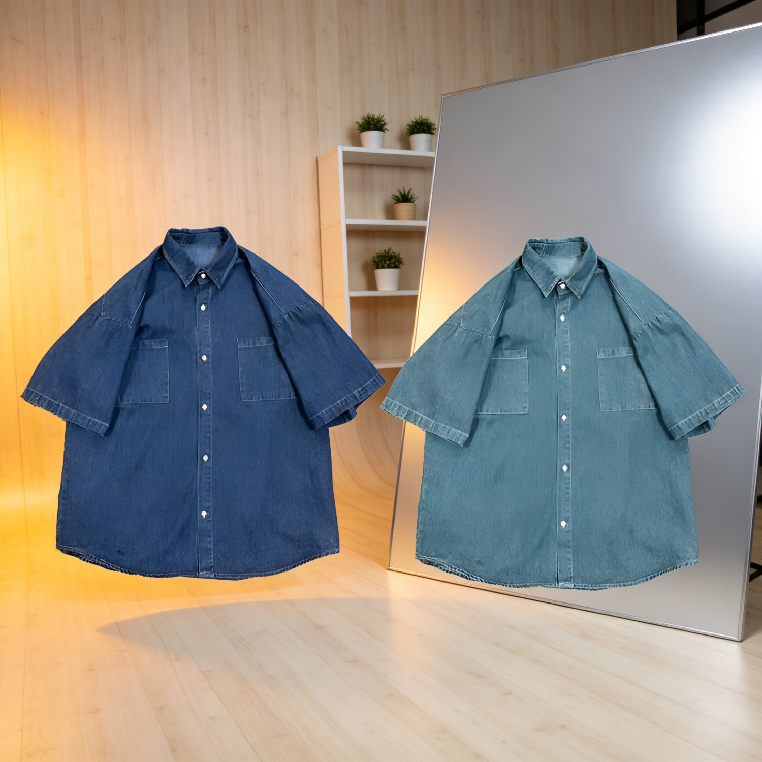 한국풍 루즈핏 커플 데님 반팔 셔츠, 여름 데일리 셔츠