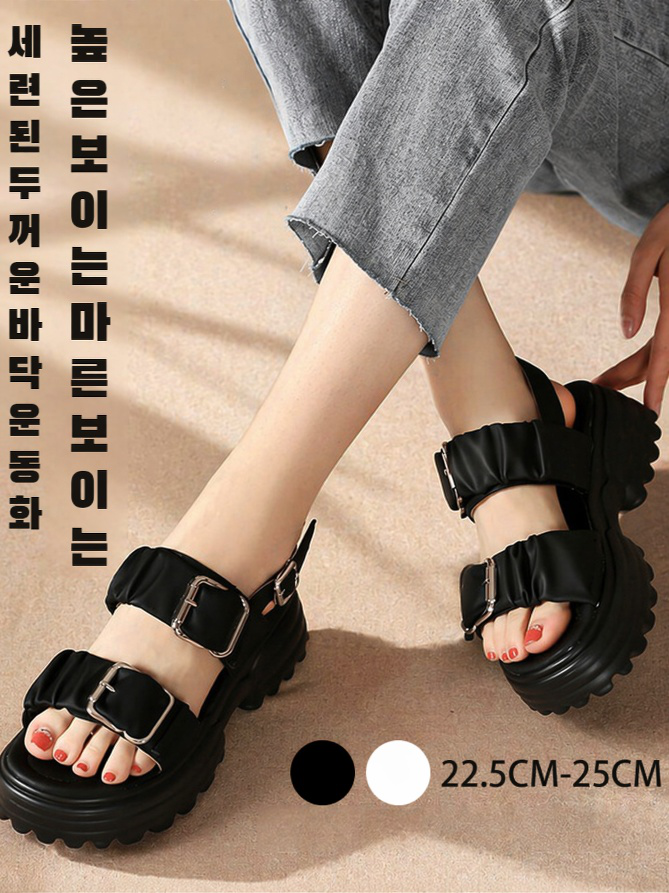 비치 캐주얼화 통굽 펀칭 발가락 여 샌들 일자 버클 로마 슈즈 송편창 키높이 샌들