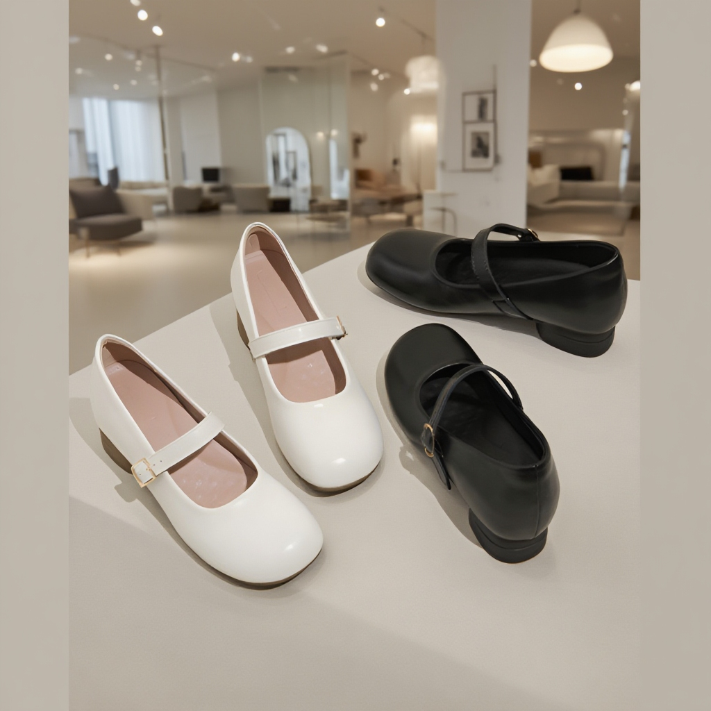 一文字ストラップ付きラウンドトゥインヒールマリージェーンシューズ