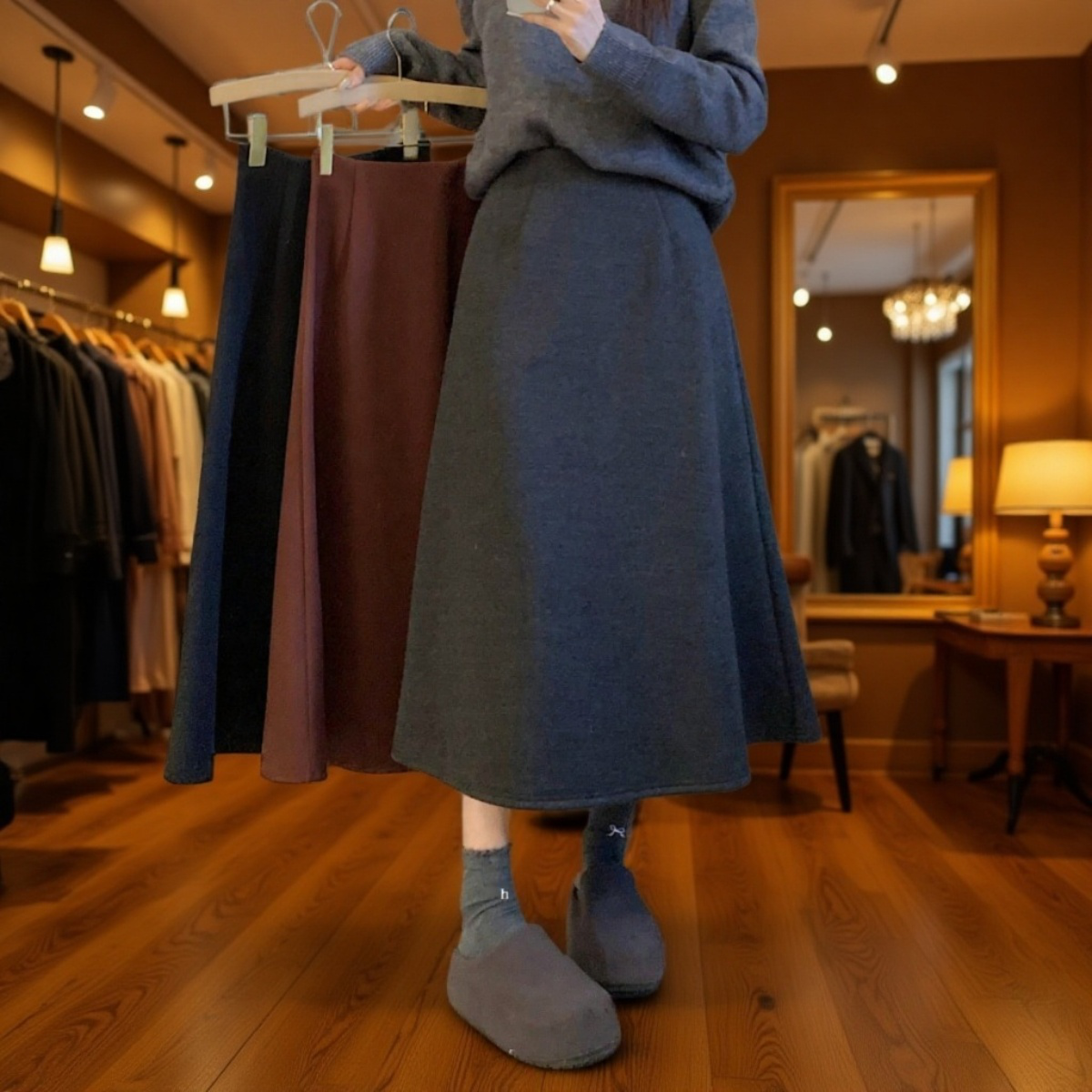 겨울 블랙 드롭 레귤러 미디 스커트 컬러 기모 미디 스커트