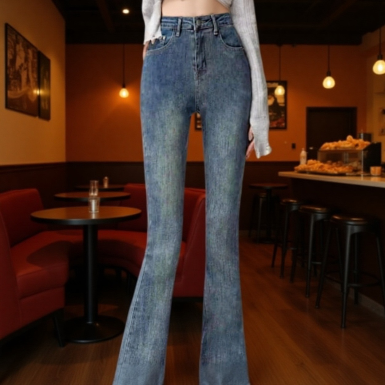 여성 하이웨스트 조거 스판 슬림핏 데님 팬츠 봄 퍼플레어 데님 팬츠