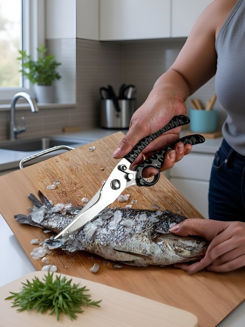 주방에서 닭뼈 자르는 모습