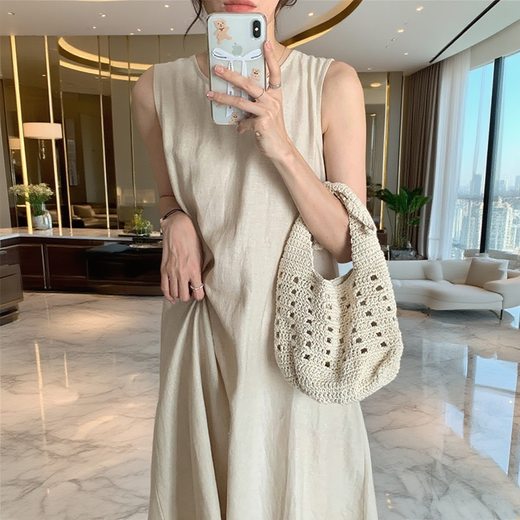 여성용 여름 등판 펀칭 롱스커트 착용샷