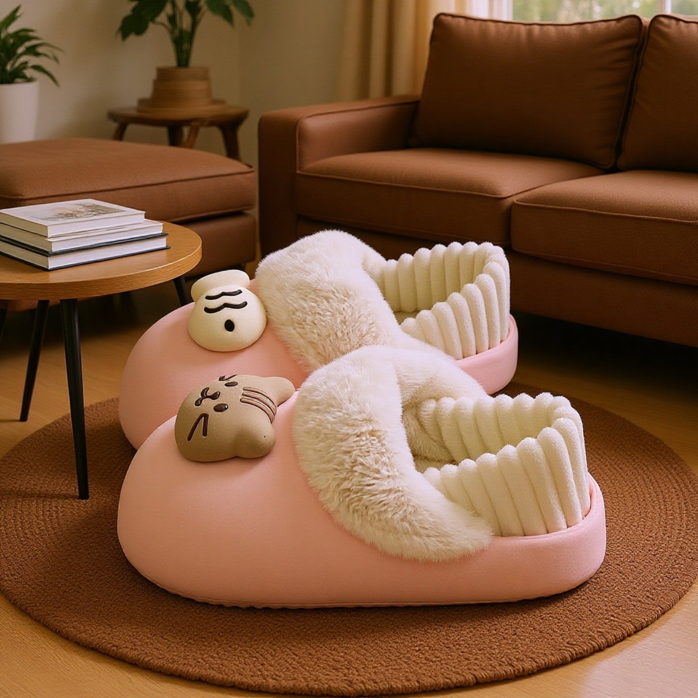 室内外両用猫デザインモコモコスリッパ 滑り止め加工