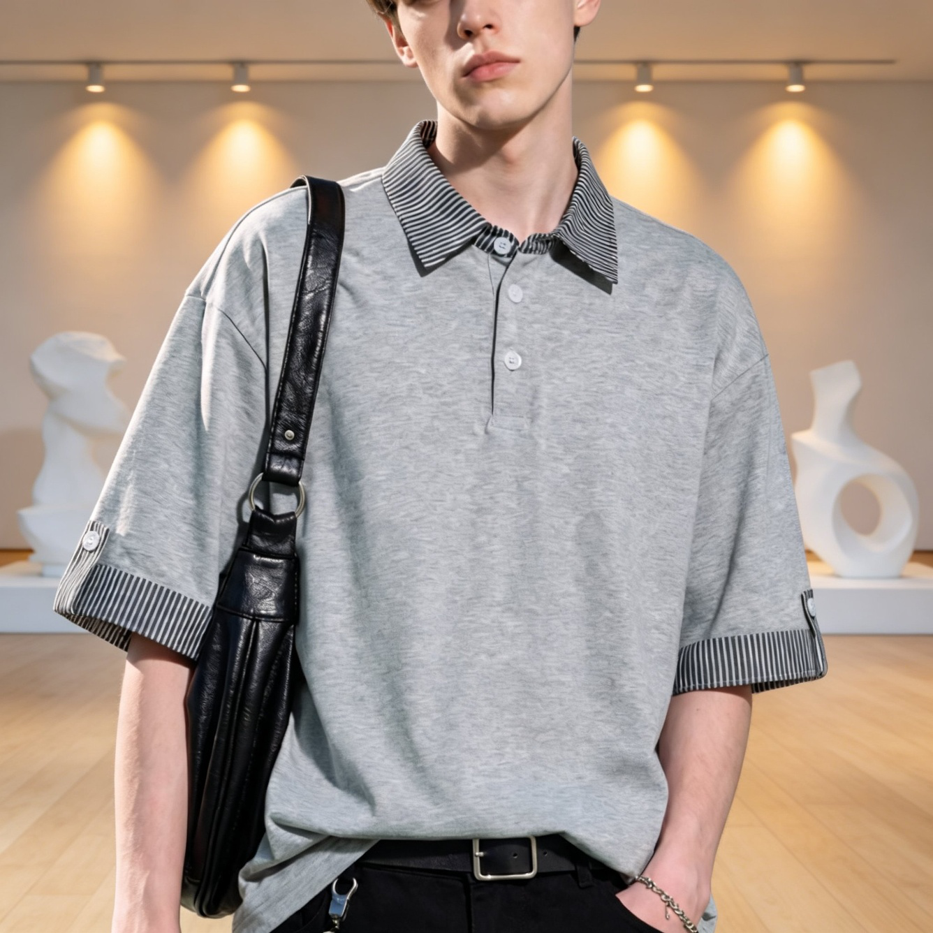 한류 커플룩 오버핏 반팔티, 레이어드 스트라이프 폴로셔츠