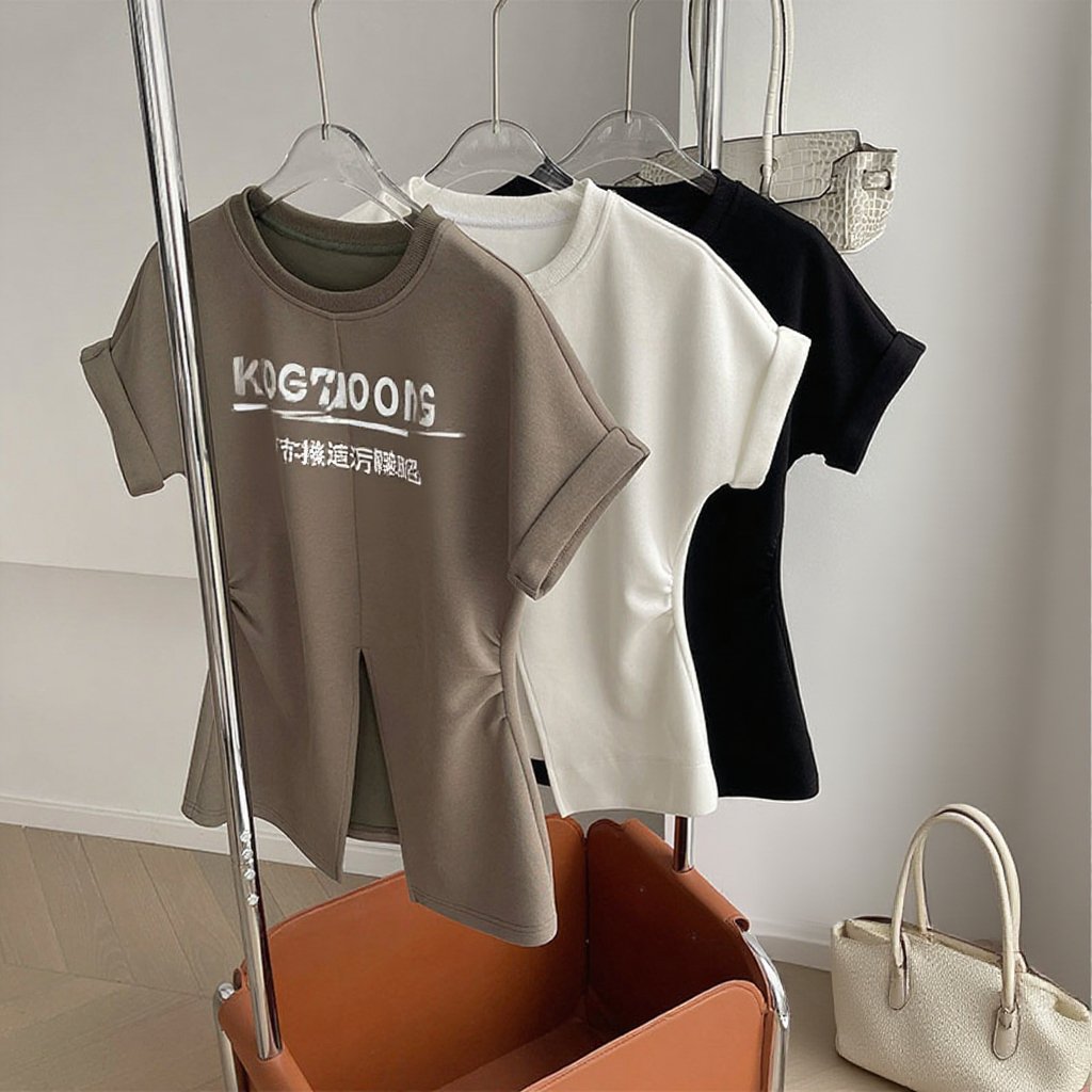 디자인 센스 단색 슬릿 쇼트 여성 상의