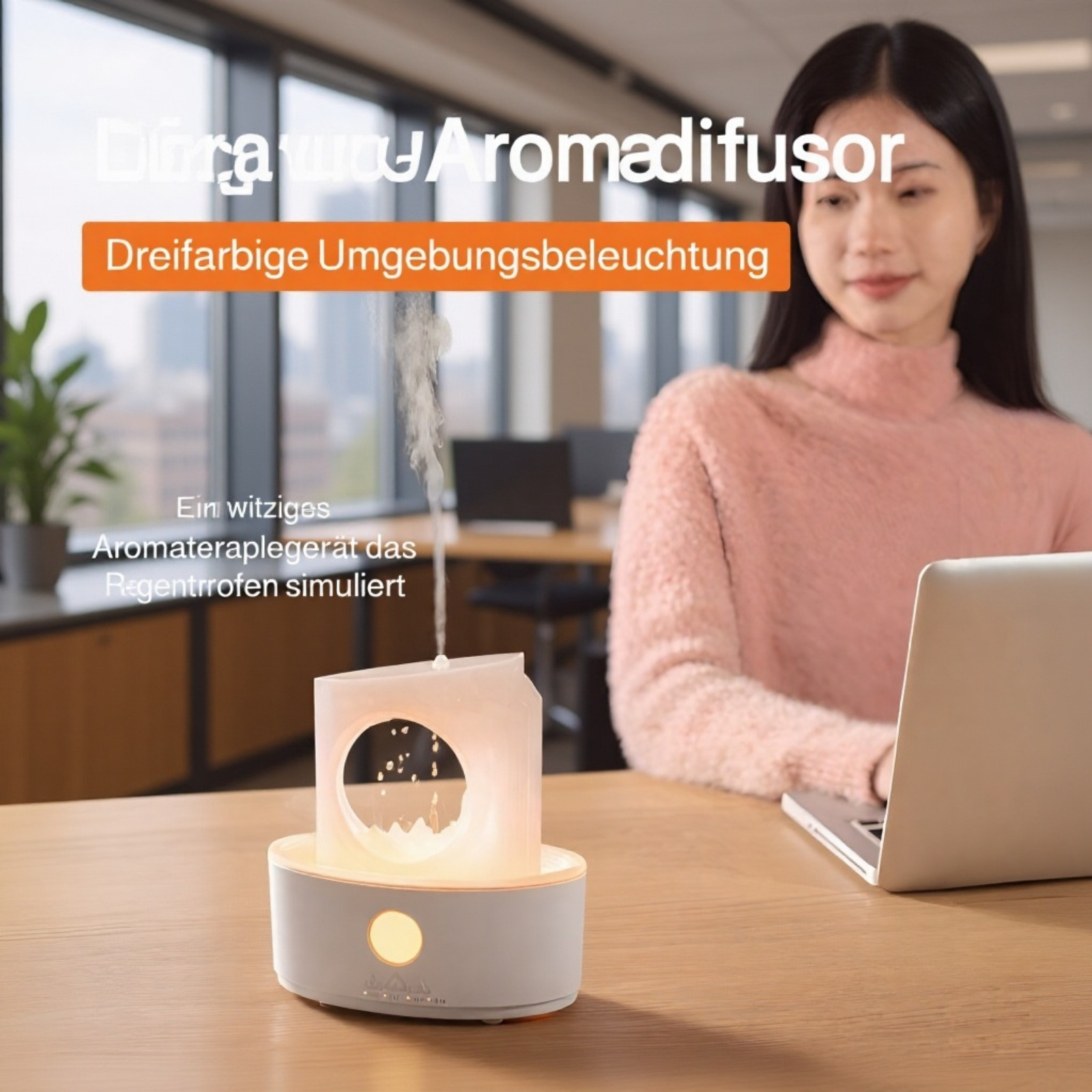 Luftbefeuchter und Duftspender mit Quallen-Salzstein, Uhr und Vulkan-Ring-Effekt