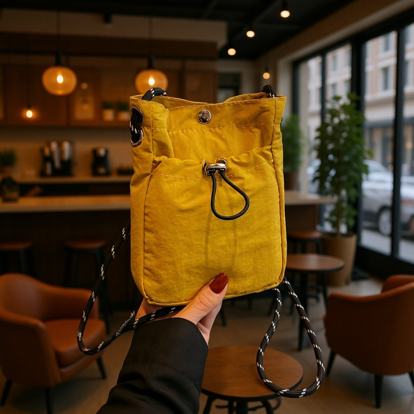 レディース夏新作ミニ巾着キャンバスショルダーバッグ正面写真