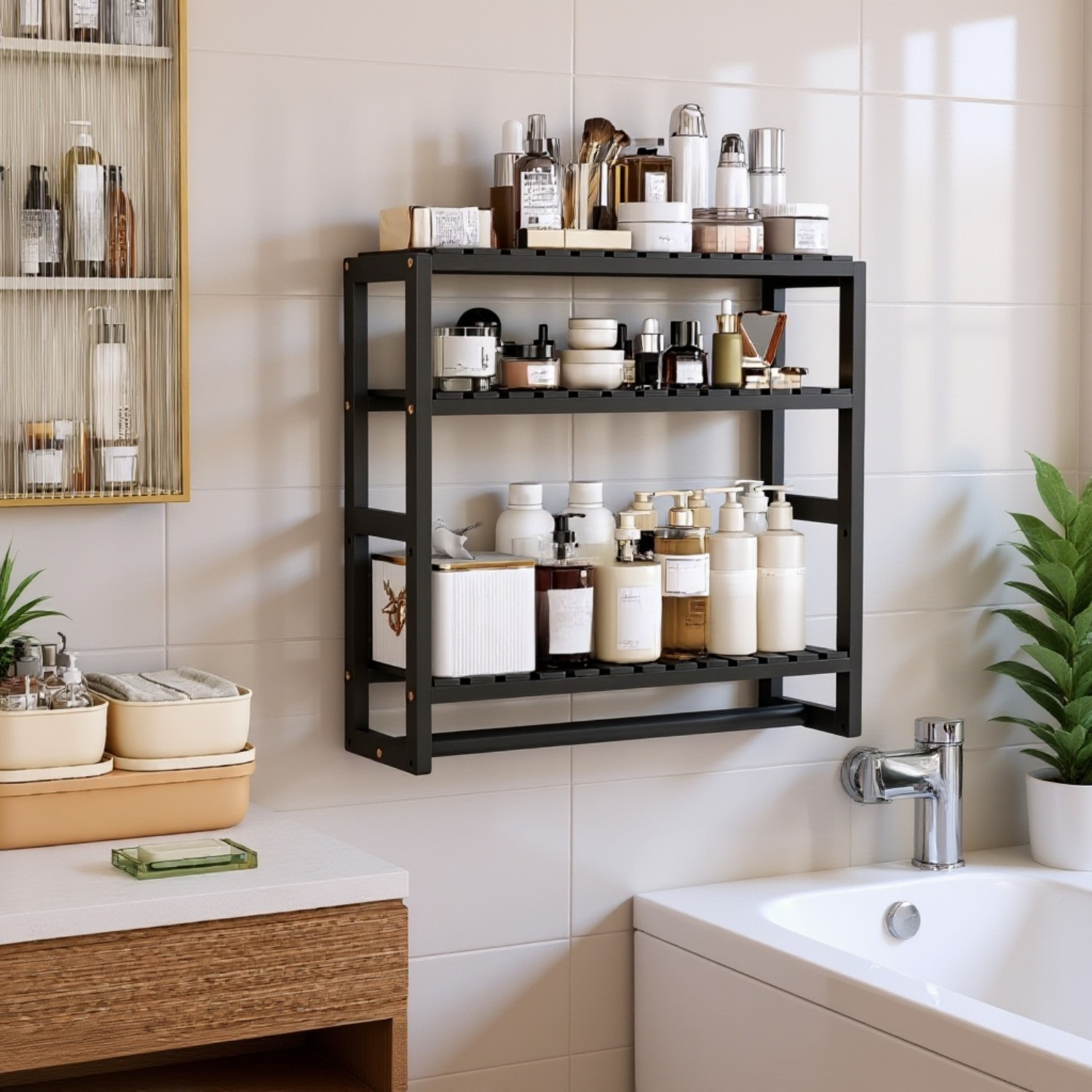 Nástěnný úložný regál do koupelny z masivního dřeva, vhodný pro kolej, kuchyň a chodbu