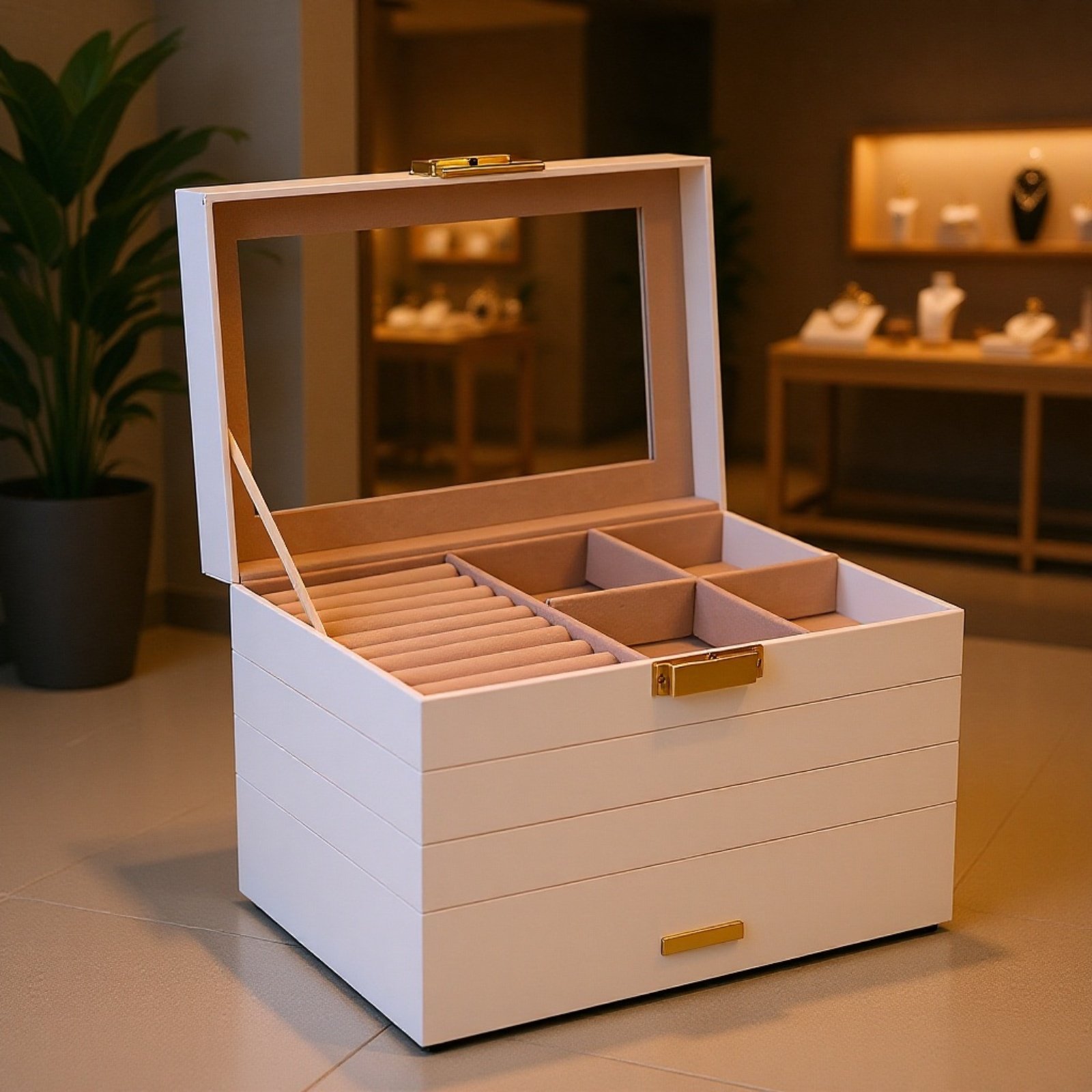 大容量のジュエリーボックス、多層スタッキングトレイ、リング、ネックレス、時計、ジュエリー収納ボックス