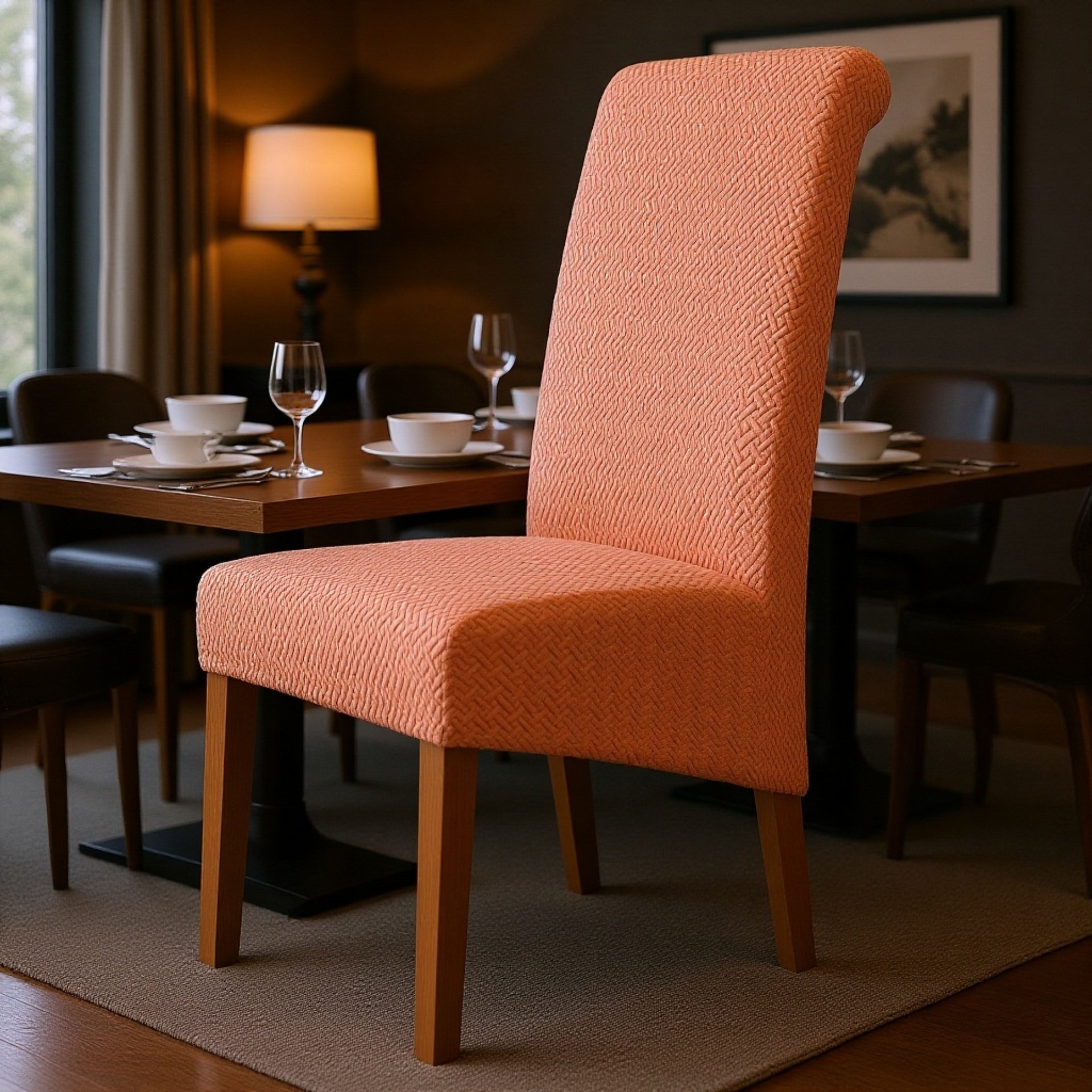 Chaise de salle à manger en tissu jacquard extensible, dossier haut, pour hôtel