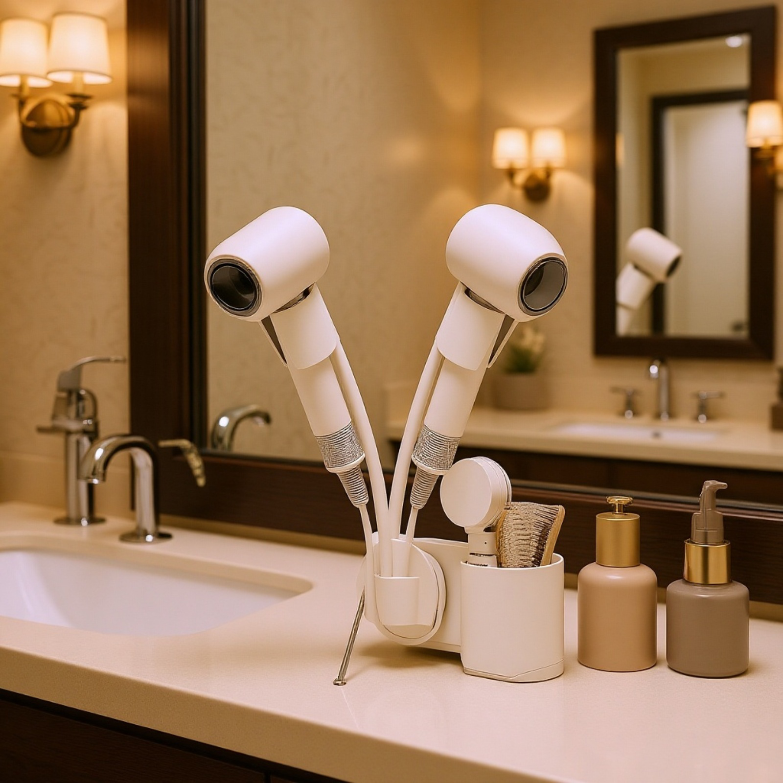 Soporte ajustable para secador de pelo manos libres en acción