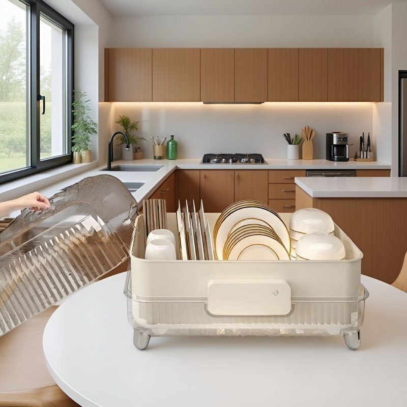 라이트 럭셔리 주방 물빠짐 그릇 선반 대용량 수납함 방진 뚜껑 달린 탁상 그릇 수납 정리기