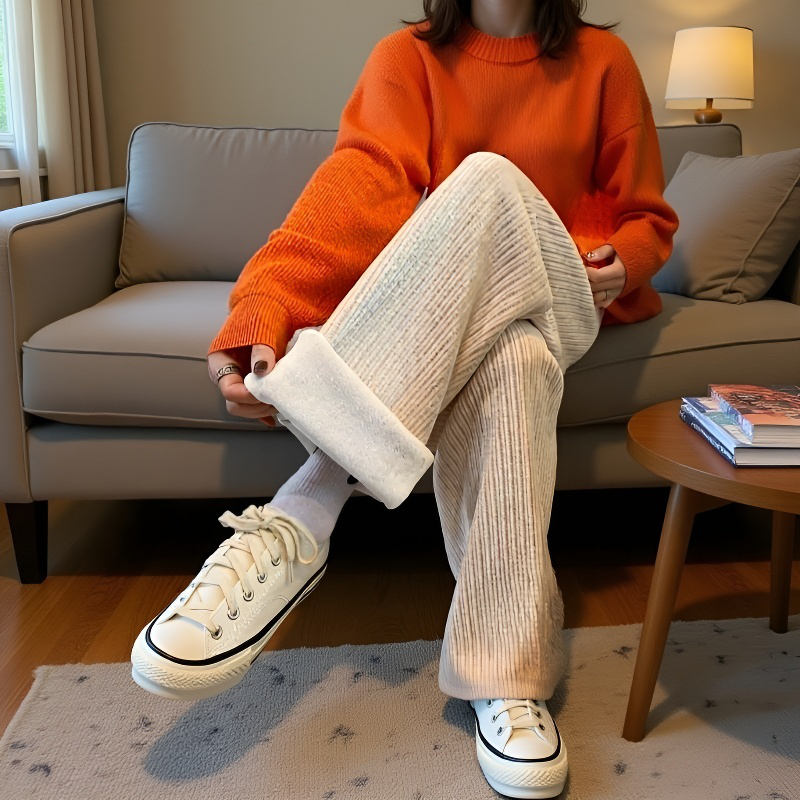 秋と冬の女性用のクリーム色のワイドレッグパンツに、ベルベットと厚みのあるハイウエストのルーズパンツで着痩せ効果があり、汎用性の高いドレープ性のカジュアルストレートパンツです。