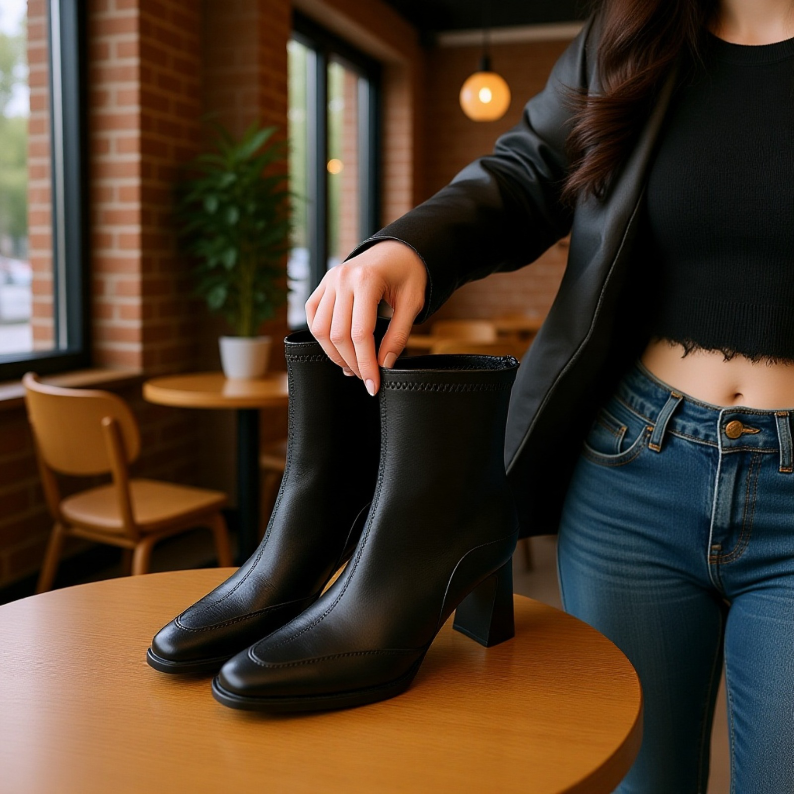 秋冬新作 ブラック フレンチスタイル 太ヒール ショートブーツ ストレッチ スリムブーツ マーチンブーツ