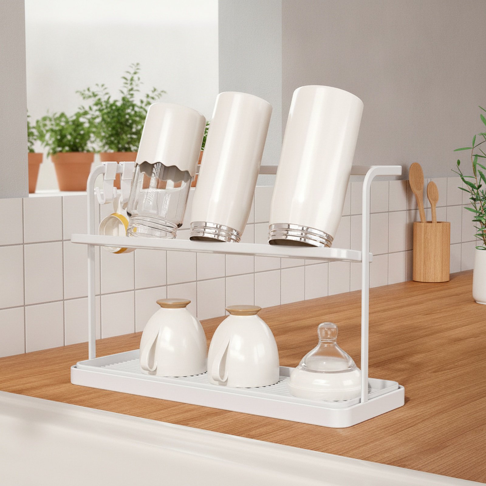 Feng home restaurant kitchen desktop double layer inverted drain cup rack tea set tea cup storage ra