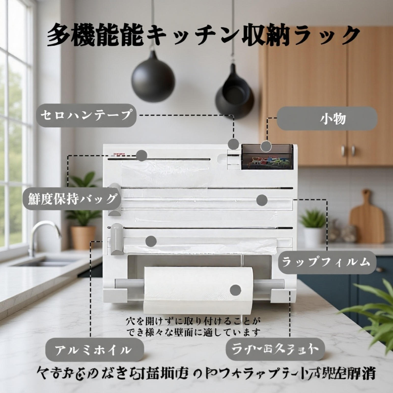 家庭用多機能壁掛け式ラップ収納ラック