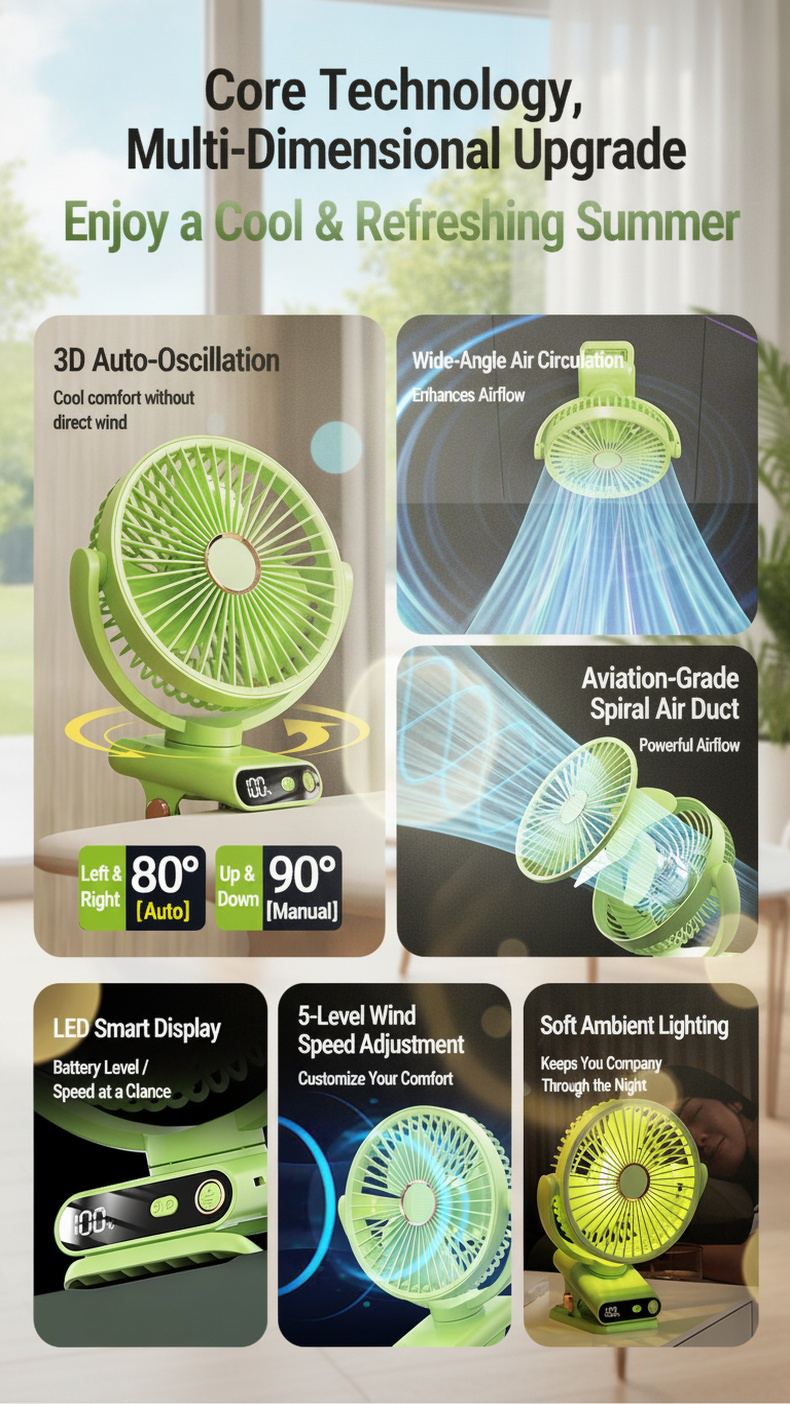 Silent clip-on fan with night light feature for home use