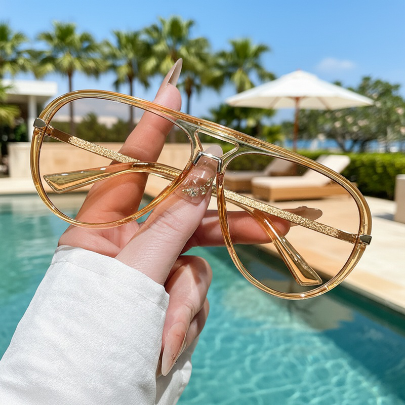 Side profile view of new style aviator sunglasses