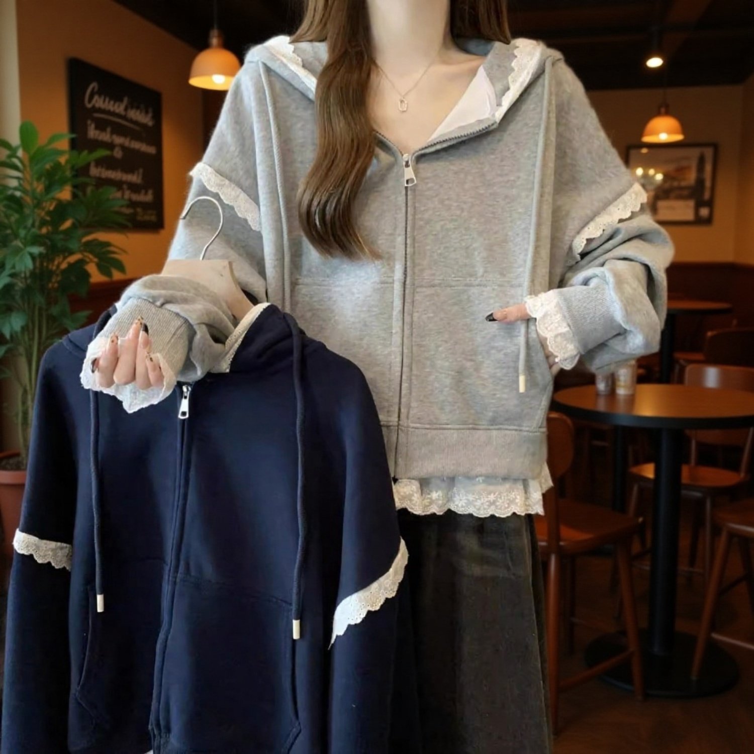 新作レースフード付きジップアップパーカーぽっちゃり体型カバー上着