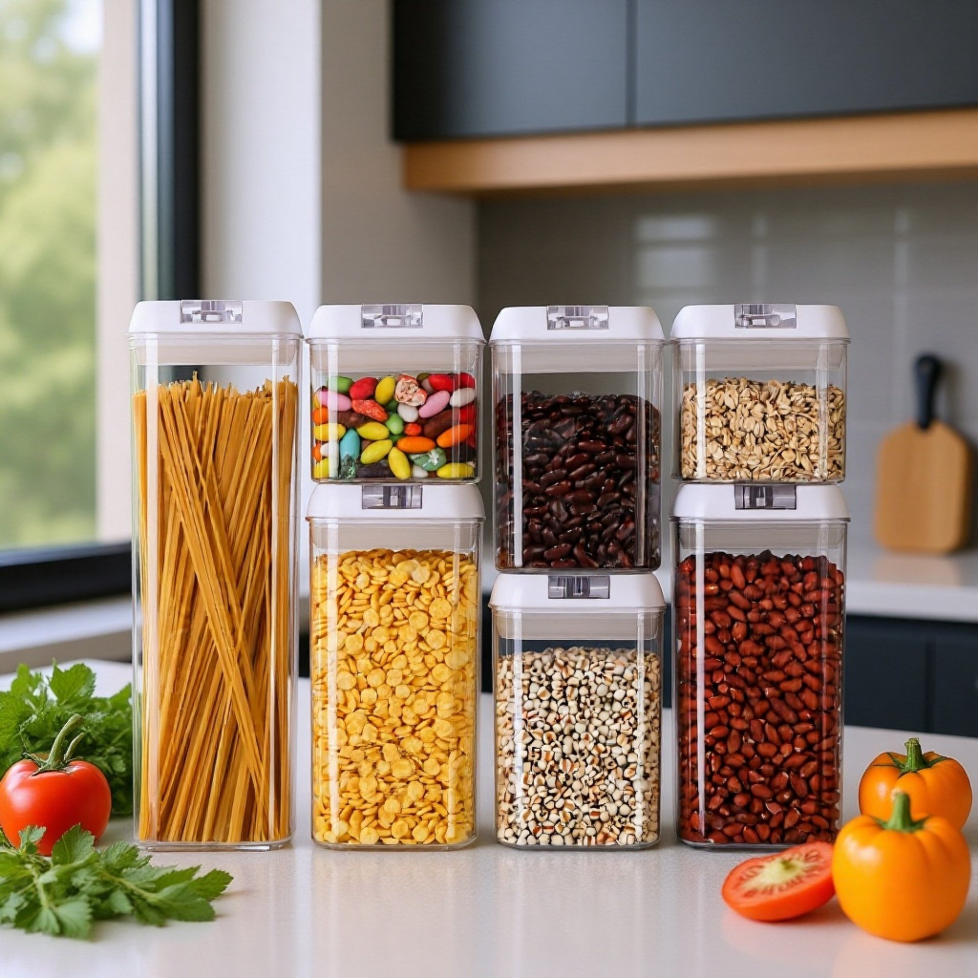 Set de 7 envases de cocina para cereales y pasta, recipientes plásticos con tapa hermética