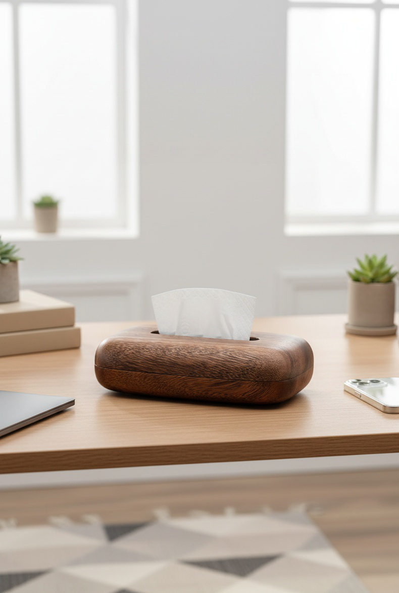 Vue de la boîte à mouchoirs en bois sur une table de salon
